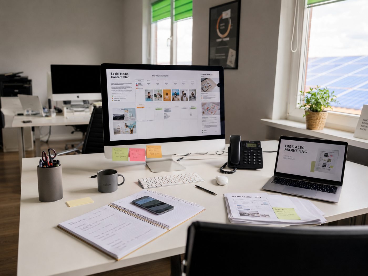 Arbeitsplatz mit Social-Media-Content-Planung am Bildschirm