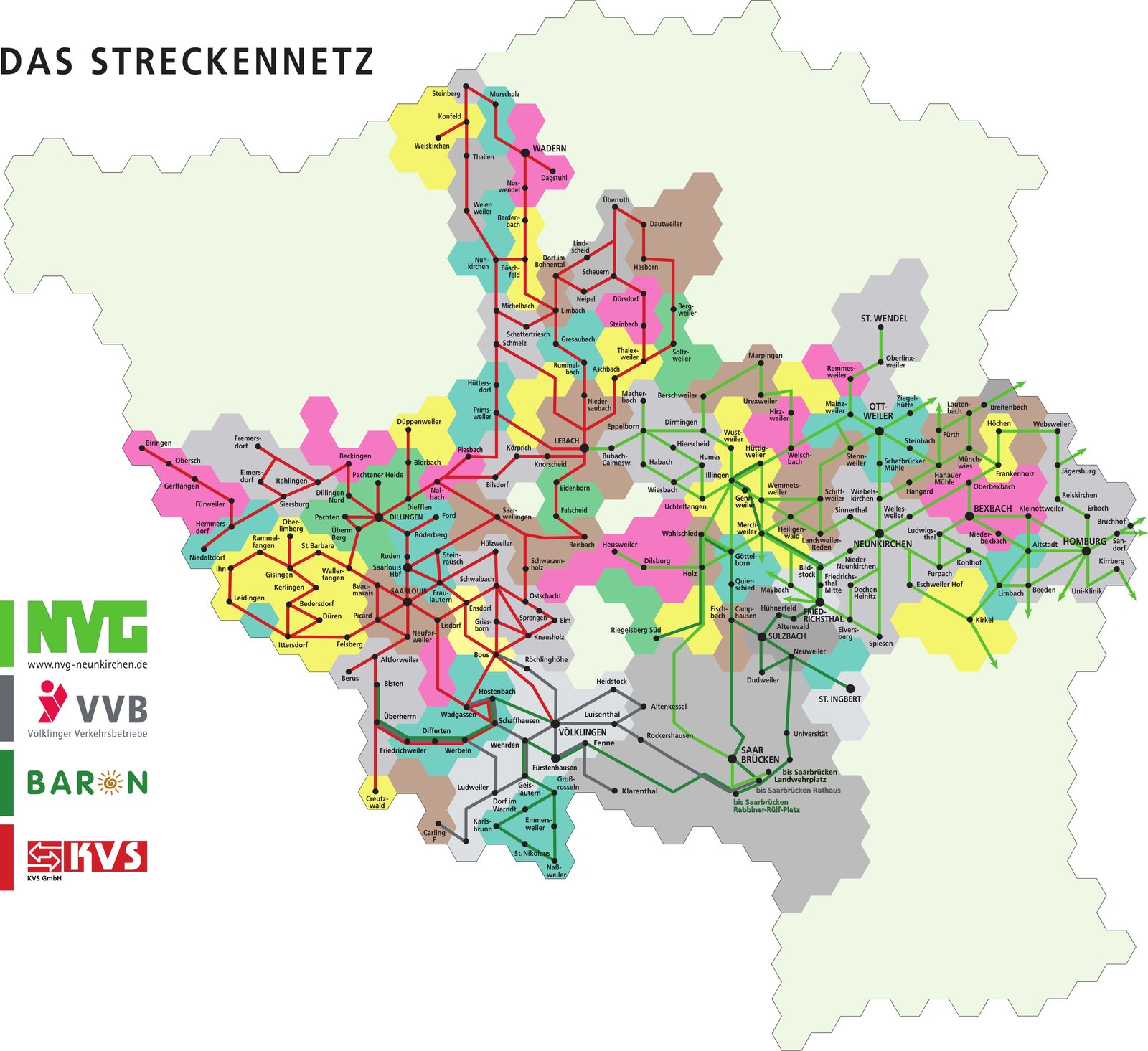 Streckennetz der Buswerbung: Wabenplan Völklingen, Neunkirchen, Baron, KVS